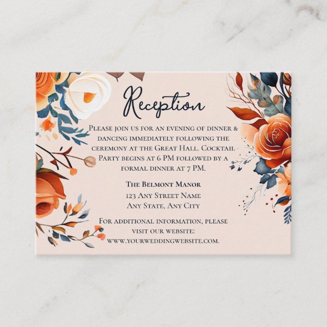 Rustic Burnt Orange and Blue Wedding Reception Enclosure Card (Front)