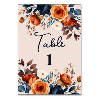 Rustic Burnt Orange and Blue Wedding Reception Table Number