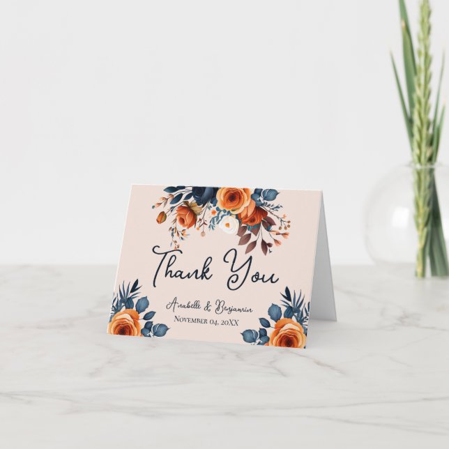 Rustic Burnt Orange and Blue Wedding Thank You Card (Front)