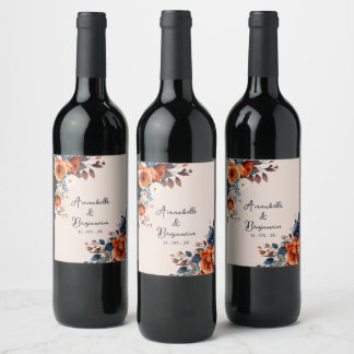 Rustic Burnt Orange and Blue Wedding  Wine Label