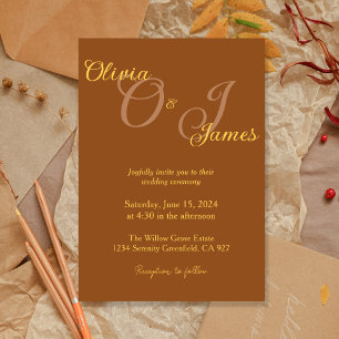Rustic Burnt Orange and Gold Initials Wedding  Invitation
