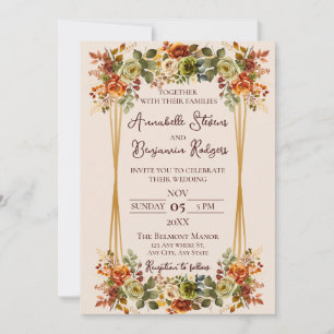 Rustic Burnt Orange and Moss Green Roses Wedding Invitation