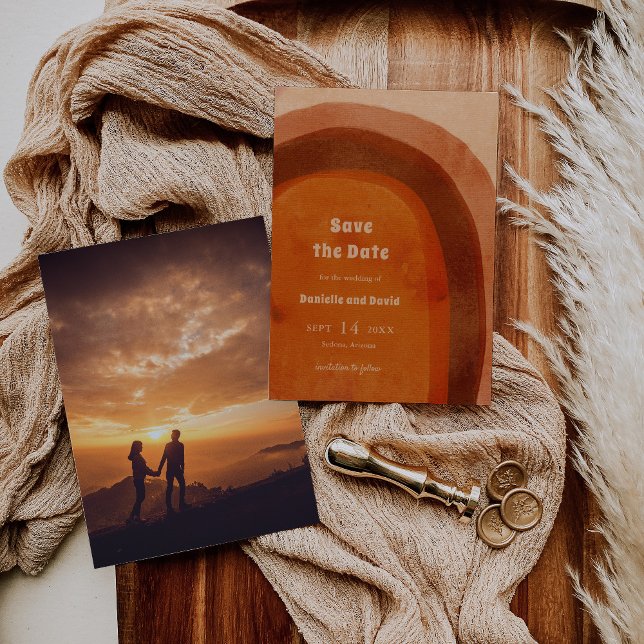 Rustic Burnt Orange Arch Photo Modern Wedding Save The Date (Creator Uploaded)