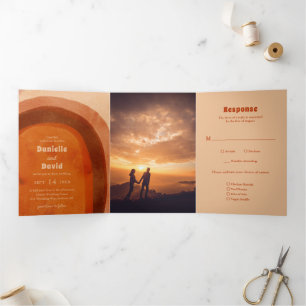 Rustic Burnt Orange Arch Photo Modern Wedding Tri-Fold Invitation