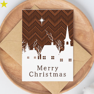 Rustic Burnt Orange Argyle Knit Christmas Village Card