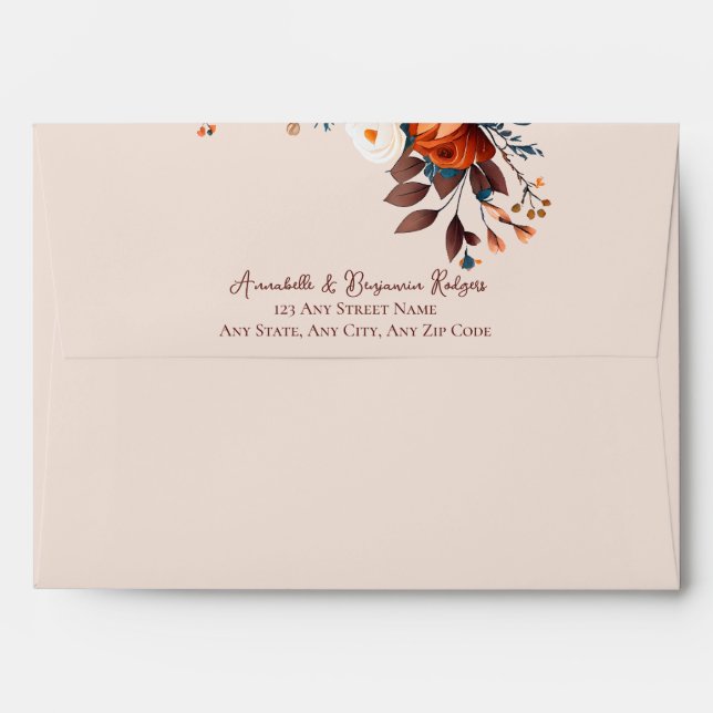 Rustic Burnt Orange + Blue Floral 2 Wedding Envelope (Back (Top Flap))