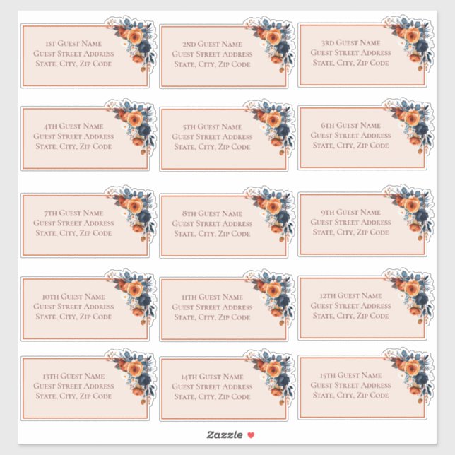Rustic Burnt Orange & Blue Floral Wedding Guest  (Sheet)