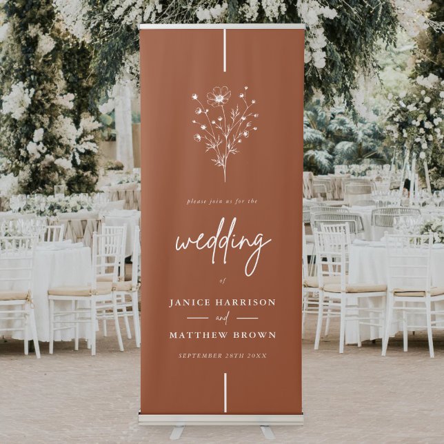 Rustic Burnt Orange Boho Floral Wedding Retractable Banner (Rustic burnt orange boho floral wedding banner adds warm personalized charm to your welcome display)