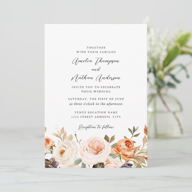 Rustic Burnt Orange Botanical Florals Wedding Invitation (Standing Front)