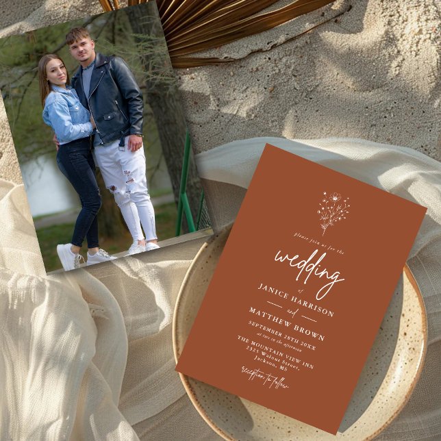 Rustic Burnt Orange Botanical Photo Wedding Invitation (Creator Uploaded)