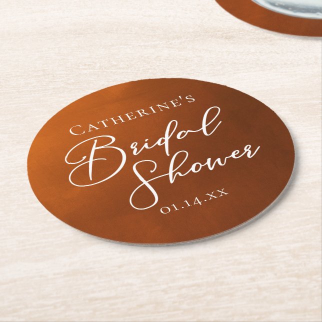 Rustic Burnt Orange Bridal Shower Personalised Round Paper Coaster (Angled)