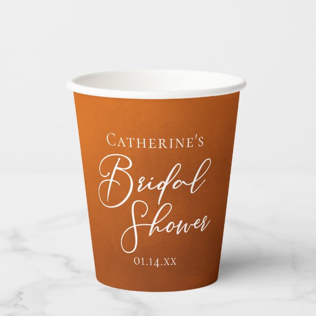 Rustic Burnt Orange Bridal Shower Personalized Paper Cups (Front)