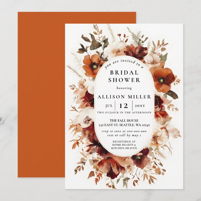 Rustic Burnt Orange Burgundy Fall Bridal Shower Invitation (Front/Back)