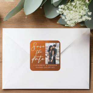 Rustic Burnt Orange Couple Photo Save the Date Square Sticker