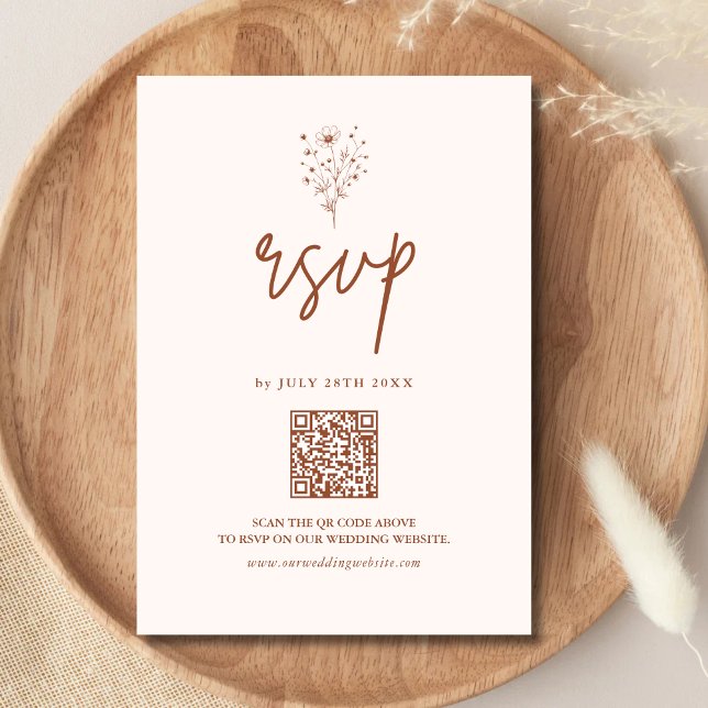 Rustic Burnt Orange Elegant Boho QR Code Wedding RSVP Card (Rustic burnt orange boho QR code RSVP card simplifies guest replies with warm personalized charm)