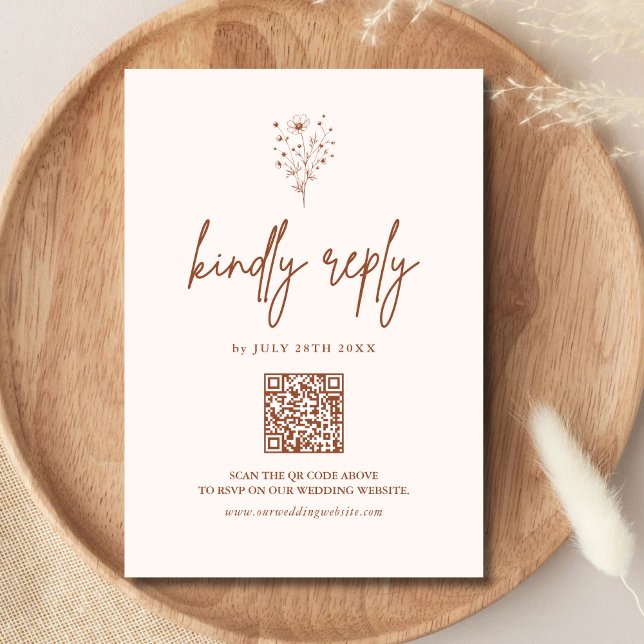 Rustic Burnt Orange Elegant Boho QR Code Wedding RSVP Card (Rustic burnt orange boho QR code RSVP card lets guests reply easily with warm personalized charm)
