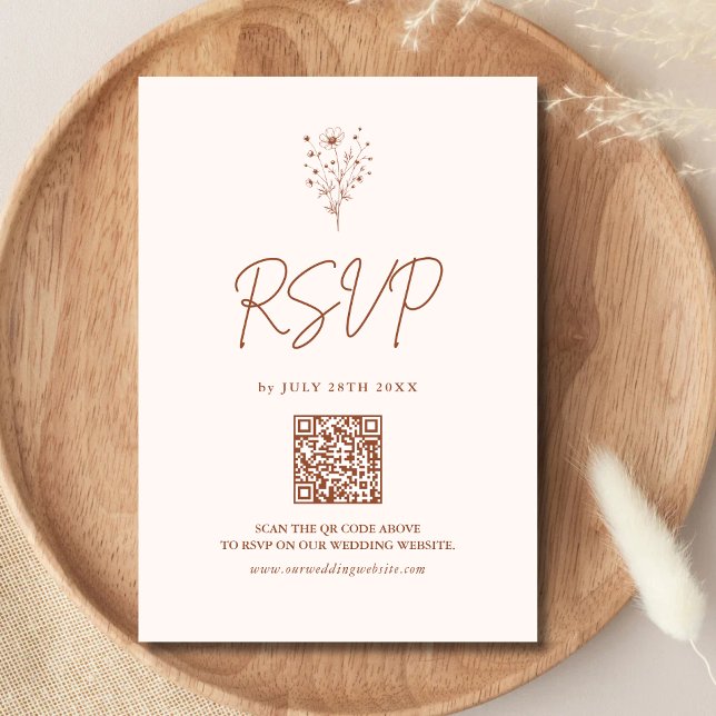 Rustic Burnt Orange Elegant Boho QR Code Wedding RSVP Card (Rustic burnt orange boho QR code RSVP card makes guest replies easy with warm personalized charm)