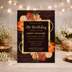 Rustic Burnt Orange Fall Flowers Birthday Invitation