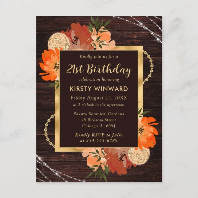 Rustic Burnt Orange Fall Flowers Birthday Postcard (Front)