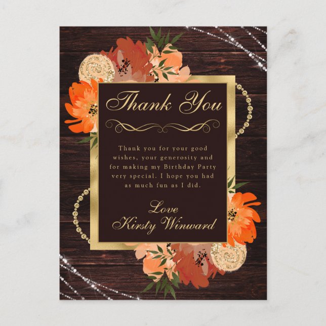 Rustic Burnt Orange Fall Flowers Birthday Postcard (Front)