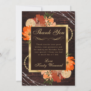 Rustic Burnt Orange Fall Flowers Birthday Thank You Card