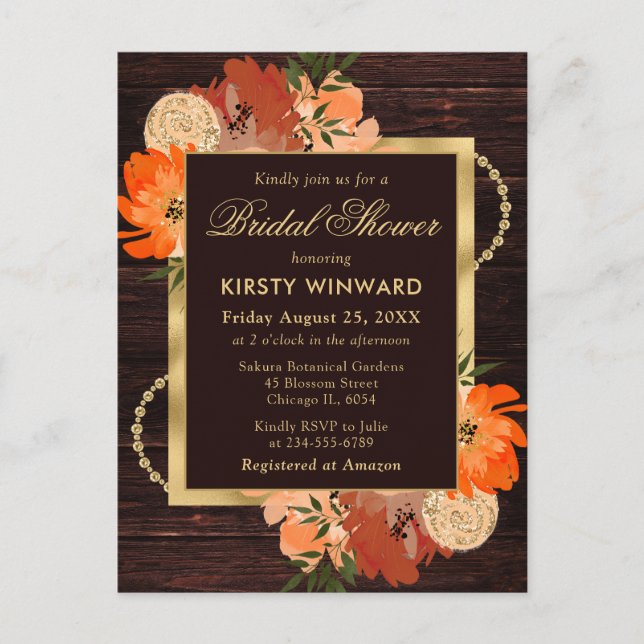 Rustic Burnt Orange Fall Flowers Bridal Shower Postcard (Front)