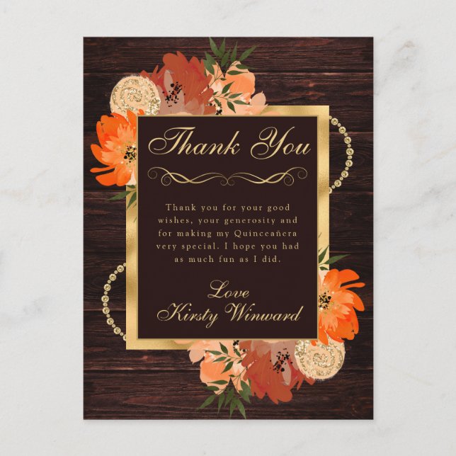Rustic Burnt Orange Fall Flowers Quinceanera Postcard (Front)