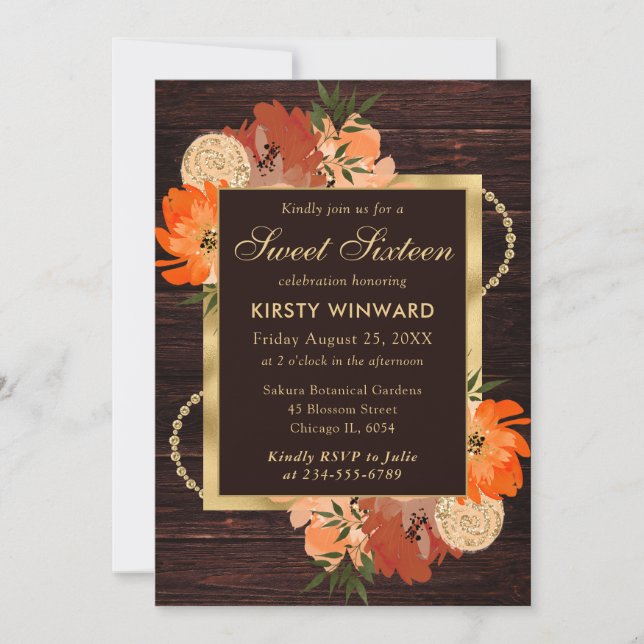 Rustic Burnt Orange Fall Flowers Sweet Sixteen Invitation (Front)