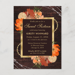 Rustic Burnt Orange Fall Flowers Sweet Sixteen Postcard