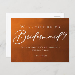 Rustic Burnt Orange Fall Will You Be My Bridesmaid Postcard