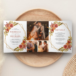 Rustic Burnt Orange Floral Geometric Frame Wedding Tri-Fold Invitation