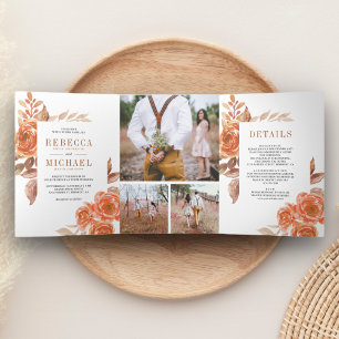 Rustic Burnt Orange Floral Photo Collage Wedding Tri-Fold Invitation