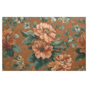Rustic Burnt Orange Green Bold Botanical Floral Fabric