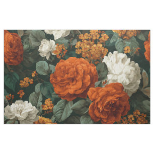 Rustic Burnt Orange Green Bold Botanical Floral Fabric