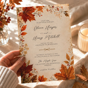 Rustic Burnt Orange Maple Leaves Autumn Wedding Invitation