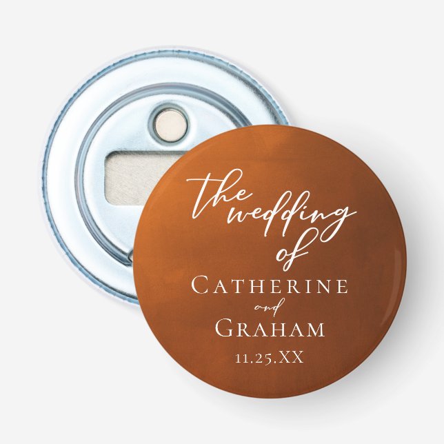 Rustic Burnt Orange Personalised Autumn Wedding Bottle Opener (Front)