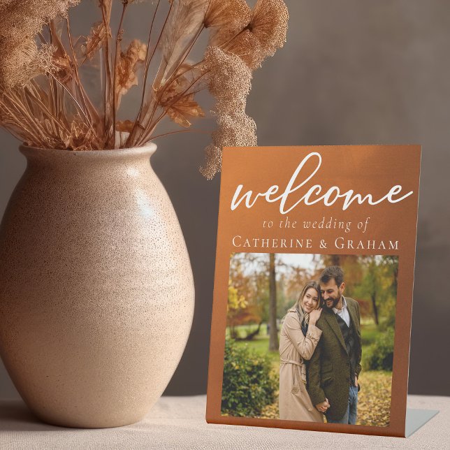 Rustic Burnt Orange Photo Autumn Wedding Welcome Pedestal Sign (Creator Uploaded)