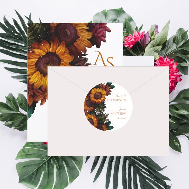 Rustic Burnt Orange Pretty Floral Wedding  Classic Round Sticker (Rustic Burnt Orange Pretty Floral Wedding Classic Round Sticker)