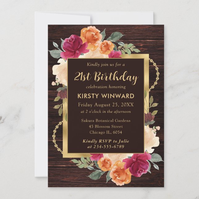 Rustic Burnt Orange Red Fall Flowers Birthday Invitation (Front)