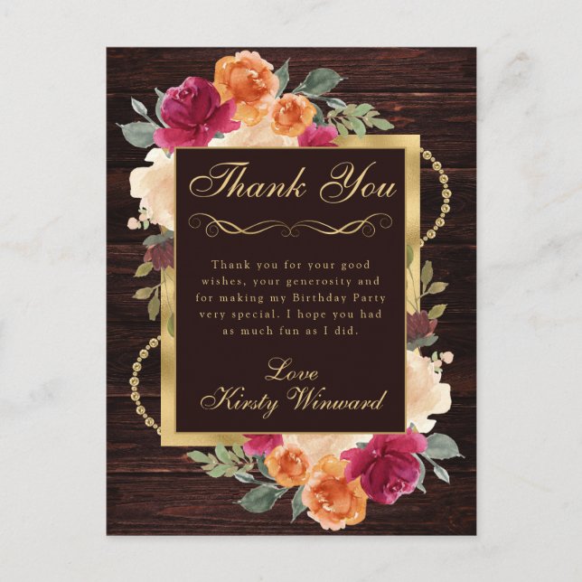 Rustic Burnt Orange Red Fall Flowers Birthday Postcard (Front)
