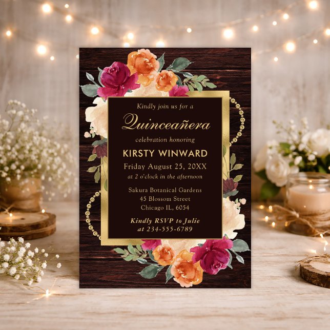 Rustic Burnt Orange Red Fall Flowers Quinceanera Invitation (Creator Uploaded)