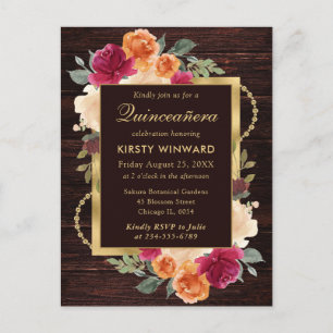 Rustic Burnt Orange Red Fall Flowers Quinceanera Postcard