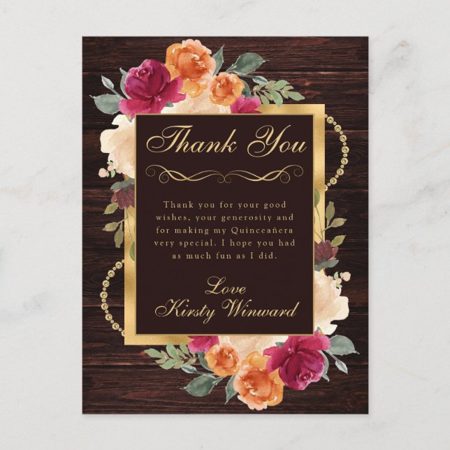 Rustic Burnt Orange Red Fall Flowers Quinceanera Postcard (Front)