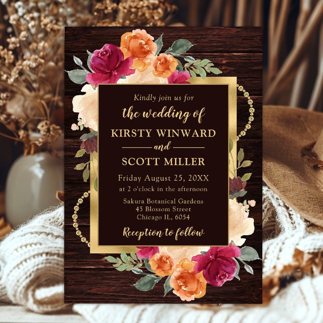 Rustic Burnt Orange Red Fall Flowers Wedding Invitation (Creator Uploaded)