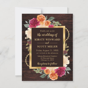 Rustic Burnt Orange Red Fall Flowers Wedding Postcard