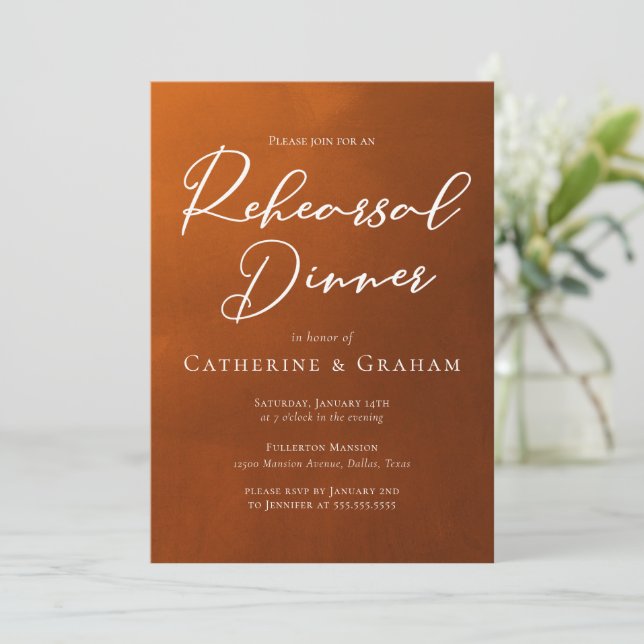 Rustic Burnt Orange Rehearsal Dinner Invitation (Standing Front)