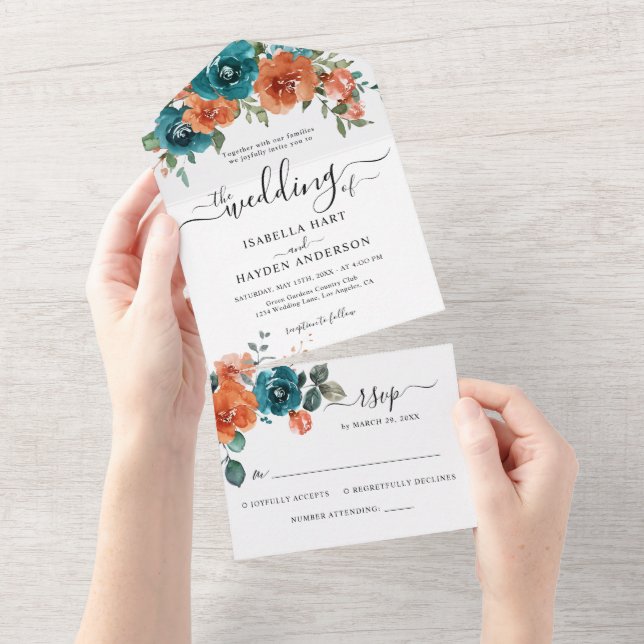 Rustic Burnt Orange Teal Rust Floral Wedding RSVP All In One Invitation (Tearaway)