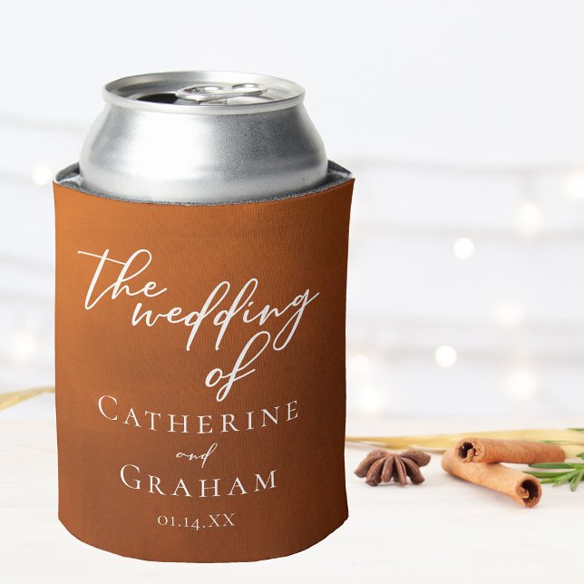 Rustic Burnt Orange Typography Autumn Wedding Can Cooler (Creator Uploaded)