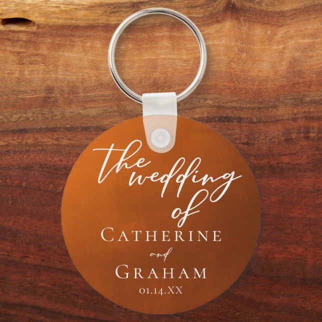 Rustic Burnt Orange Typography Autumn Wedding Key Ring (Front)