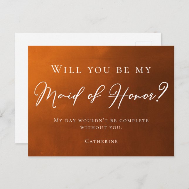 Rustic Burnt Orange Will You Be My Maid of Honour Postcard (Front/Back)